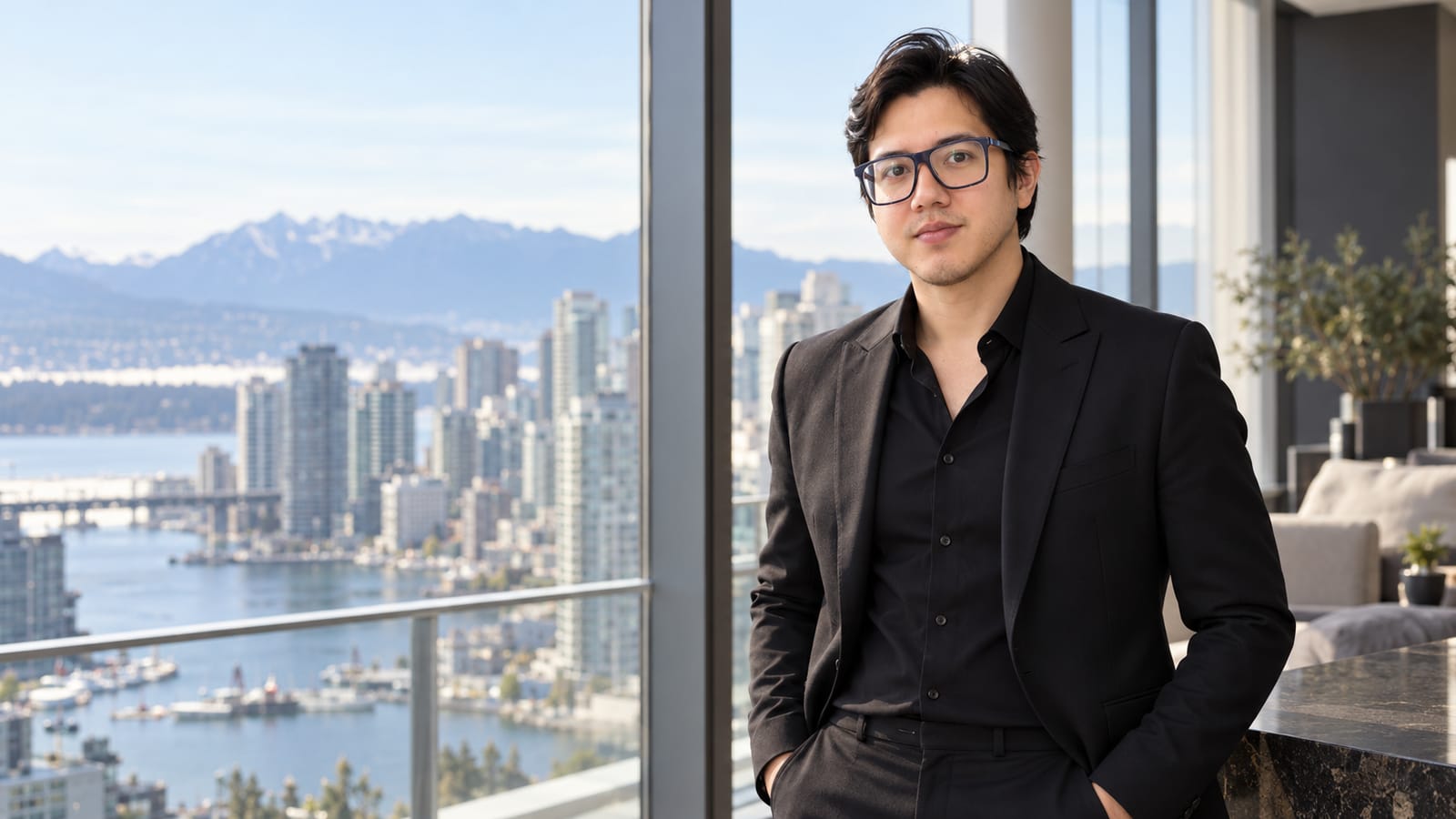 Michael at a window overlooking downtown Vancouver and the North Shore