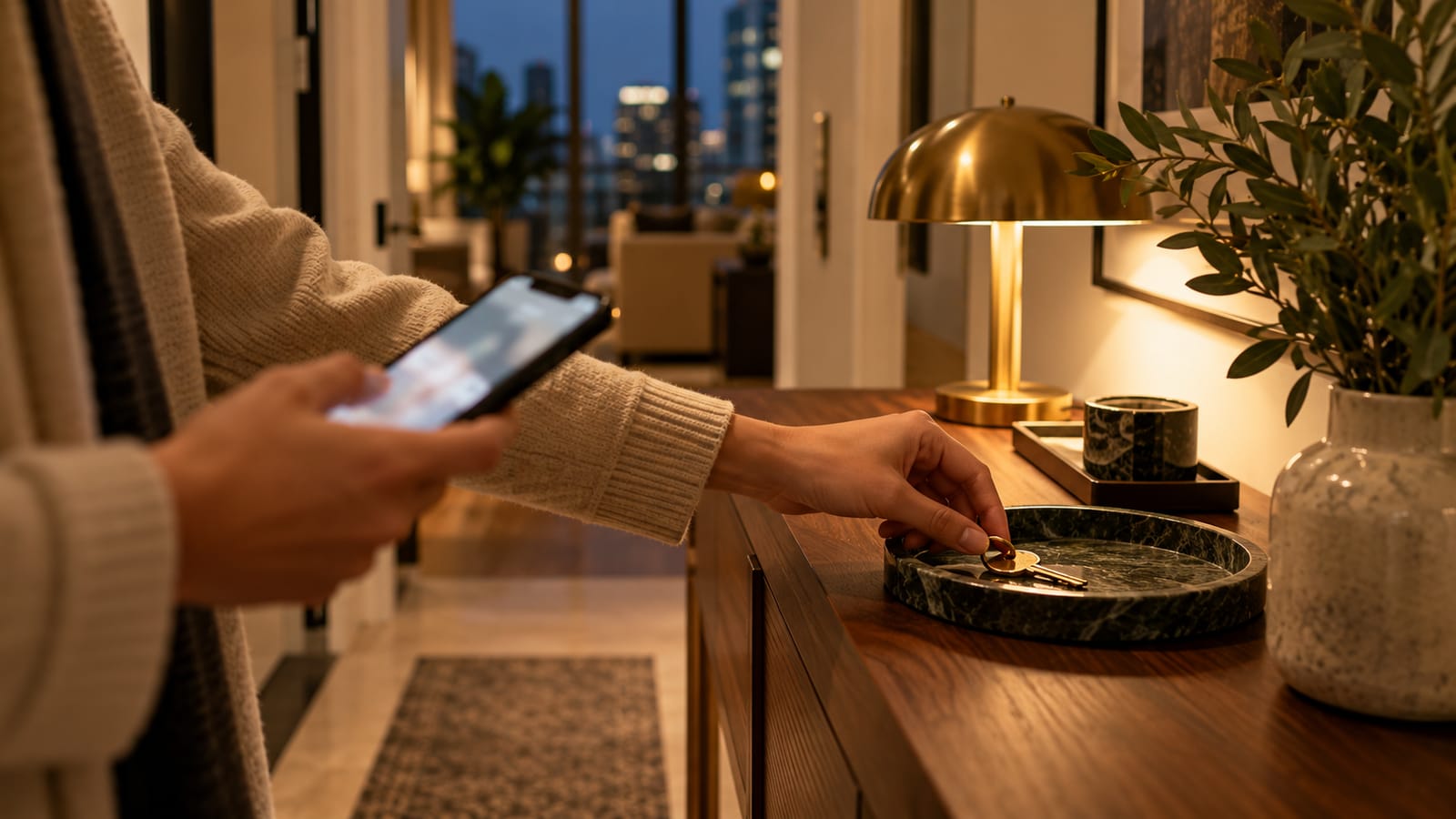 A host checking messages in a condo entryway at night