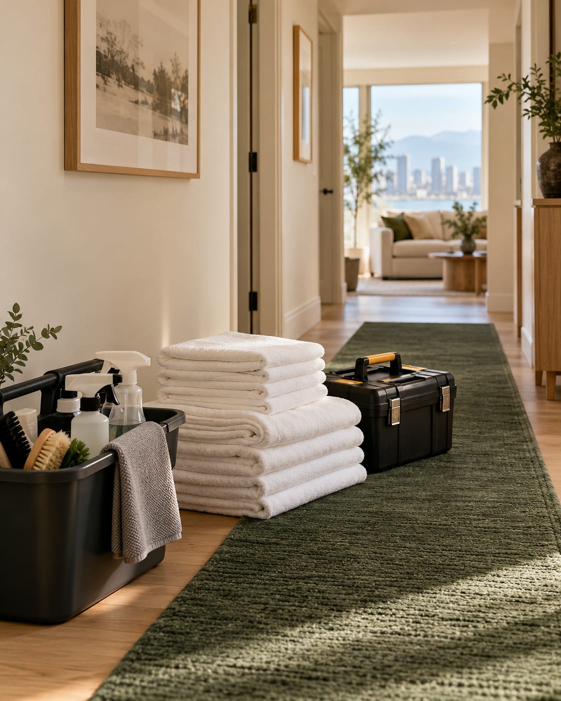 Cleaning caddy, fresh linens and a toolbox ready for a turnover